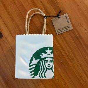 Starbucks White ceramic w/ Green Mermaid Shopping Bag Raffia handles  NWT